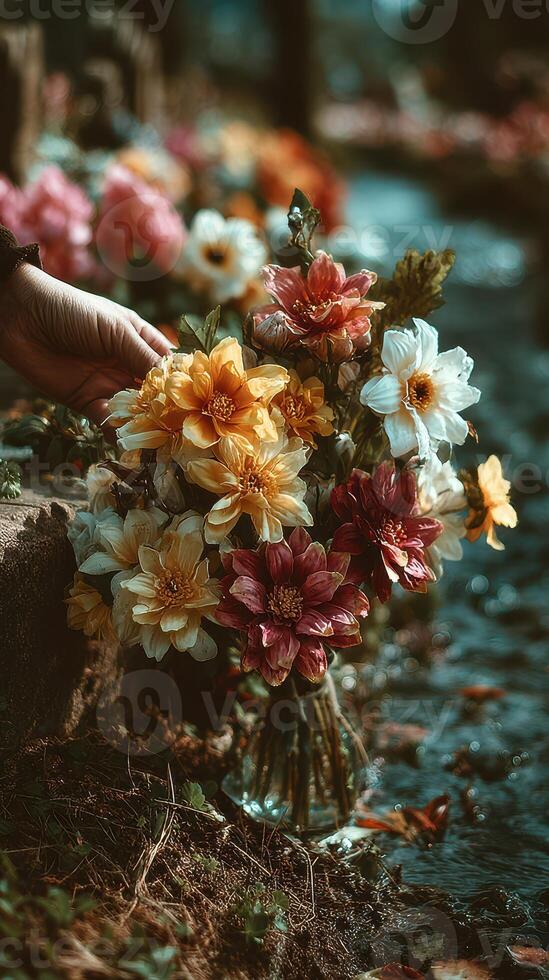 Hand placing a vibrant bouquet of flowers by the water in a serene outdoor setting during late afternoon photo