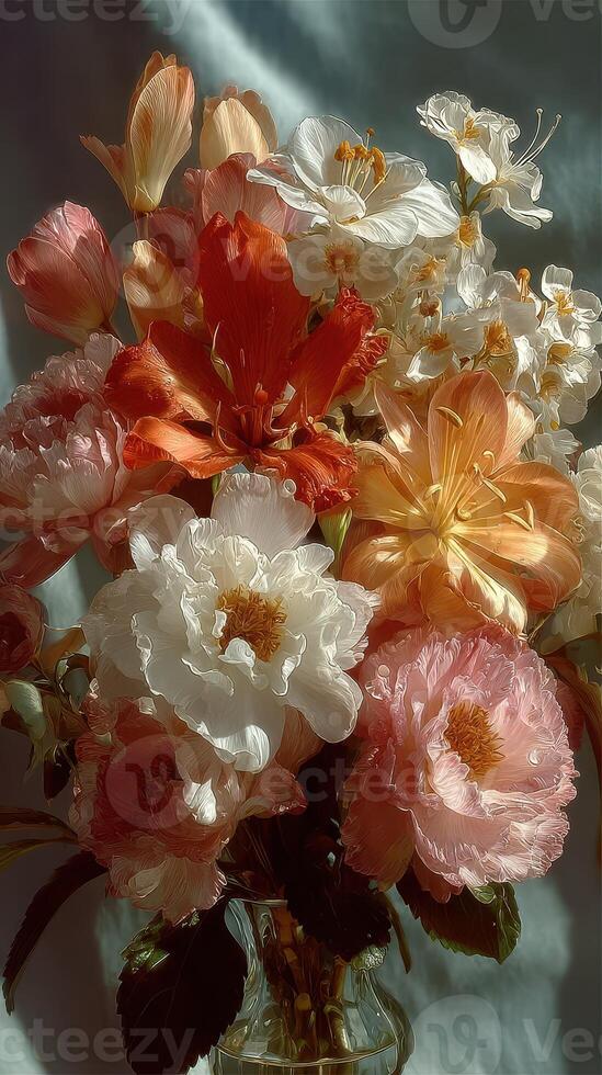 Bright spring bouquet featuring various flowers arranged elegantly in a glass vase with soft textured background photo