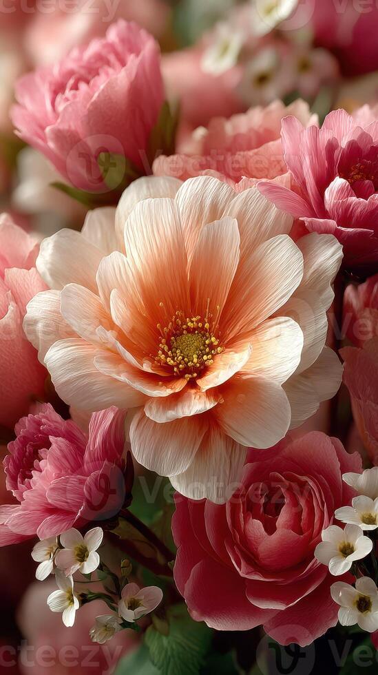 Beautiful arrangement of blooming flowers in soft pastel colors for a spring celebration photo