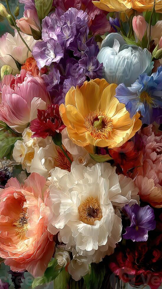 Colorful floral arrangement showcasing a variety of blossoms in full bloom on a bright sunny day photo