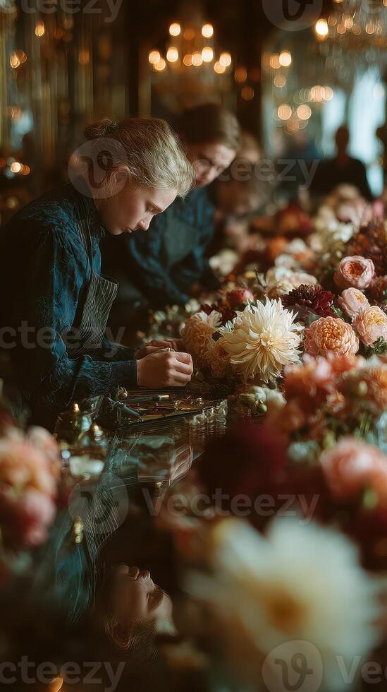 Florists creating stunning flower arrangements in an elegant shop during a sunny afternoon photo