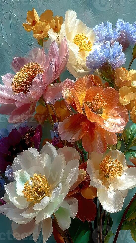 Vibrant arrangement of colorful flowers in a decorative vase against a textured blue background photo