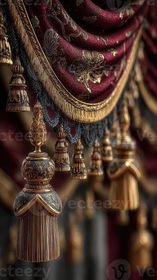 Elaborate curtain design with ornate tassels in rich colors and intricate patterns during a midday light photo