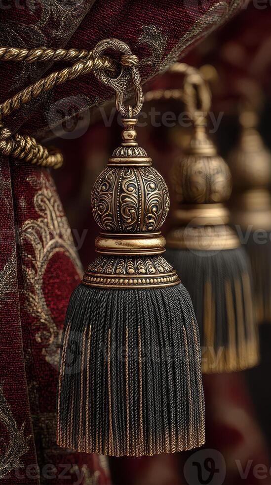 Elegant decorative tassels hanging from rich fabric in a luxurious interior setting photo