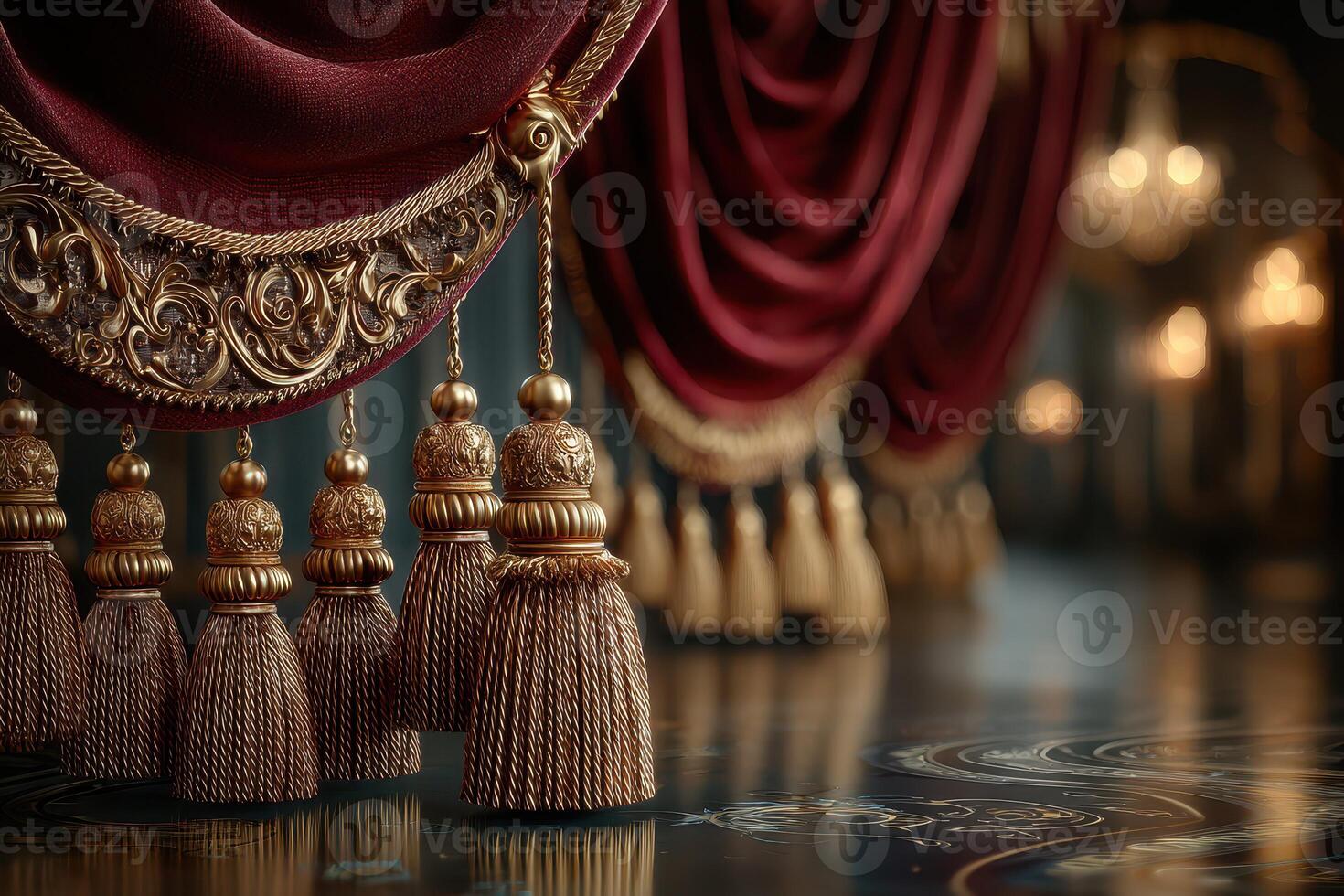 Elegant crimson curtains draping a luxurious space with intricate golden tassels and soft ambient lighting photo
