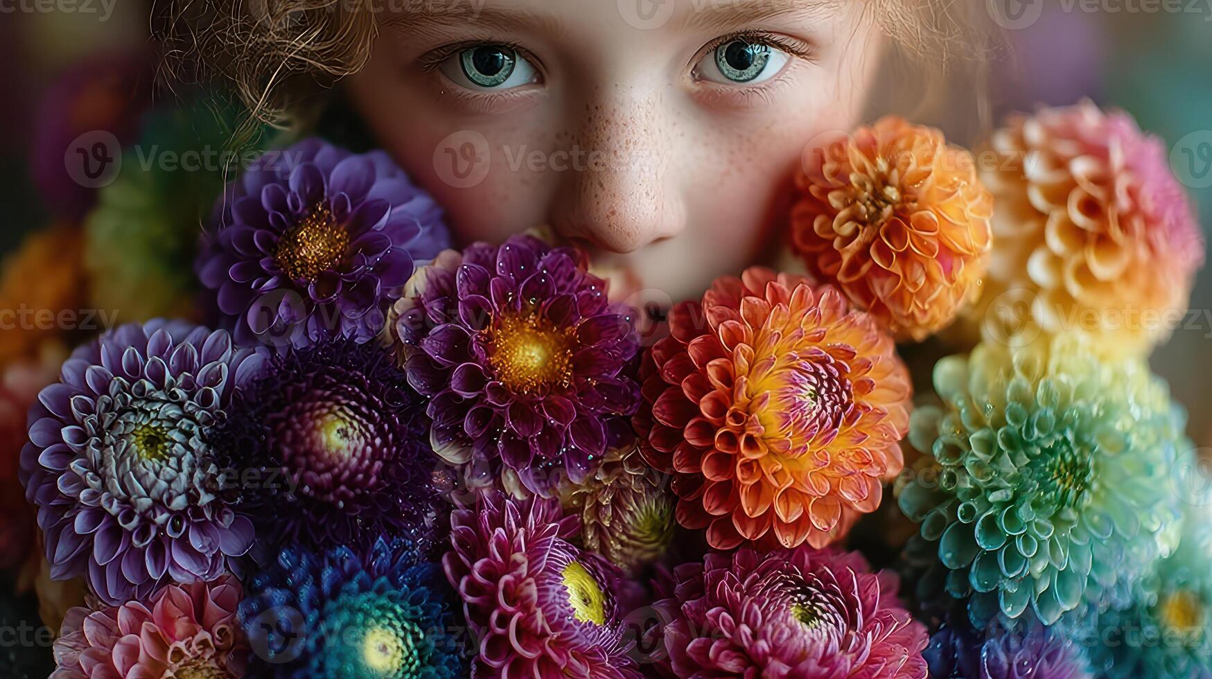 Child surrounded by vibrant flowers in a colorful floral display photo