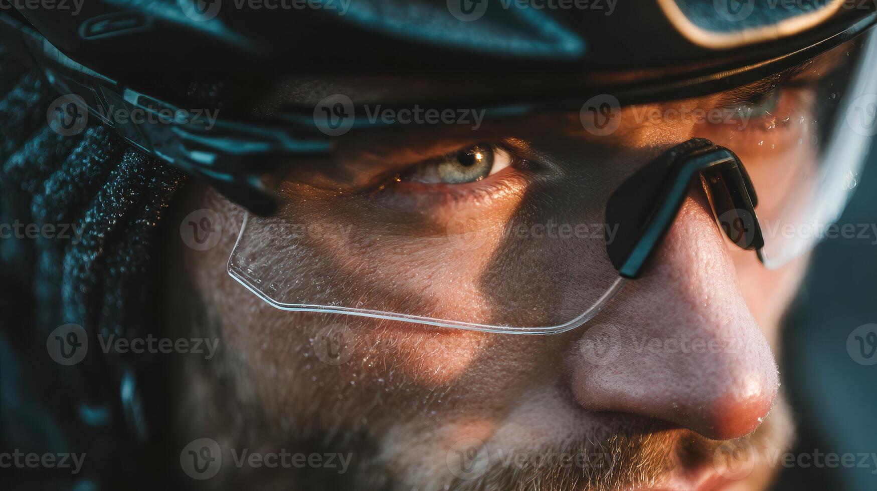 Close-up of a cyclist focusing intently while wearing specialized eyewear during an outdoor ride at sunset photo