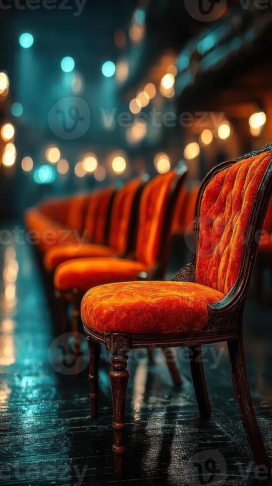 Elegant orange chairs line a dimly lit hall with soft blue lighting during a quiet evening setting photo