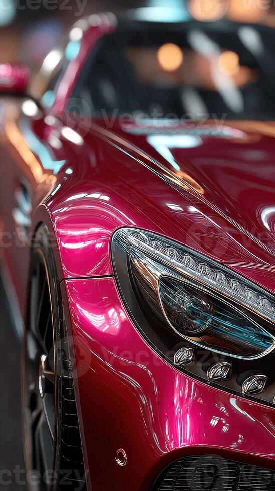 Vibrant luxury sports car showcases brilliant design under bright lights in an urban environment photo