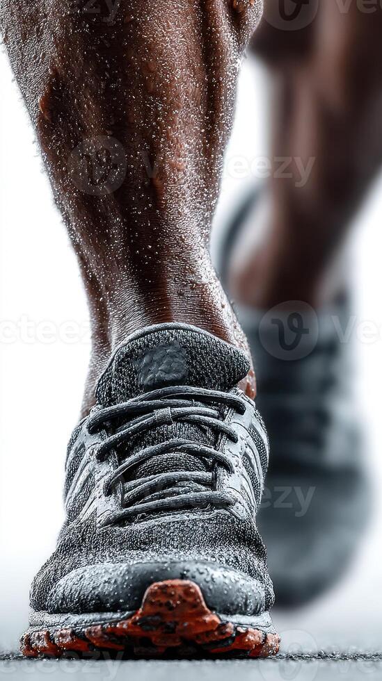 Active runner training intensely with water droplets on footwear in a dynamic fitness setting photo