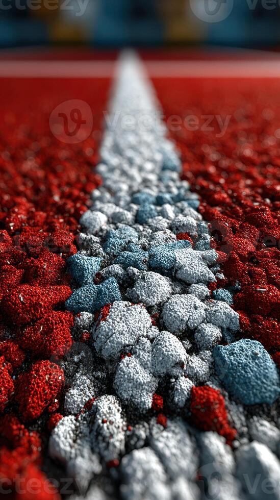 Colorful track surface showcasing the vibrant textures of red and blue granules in a close-up view photo