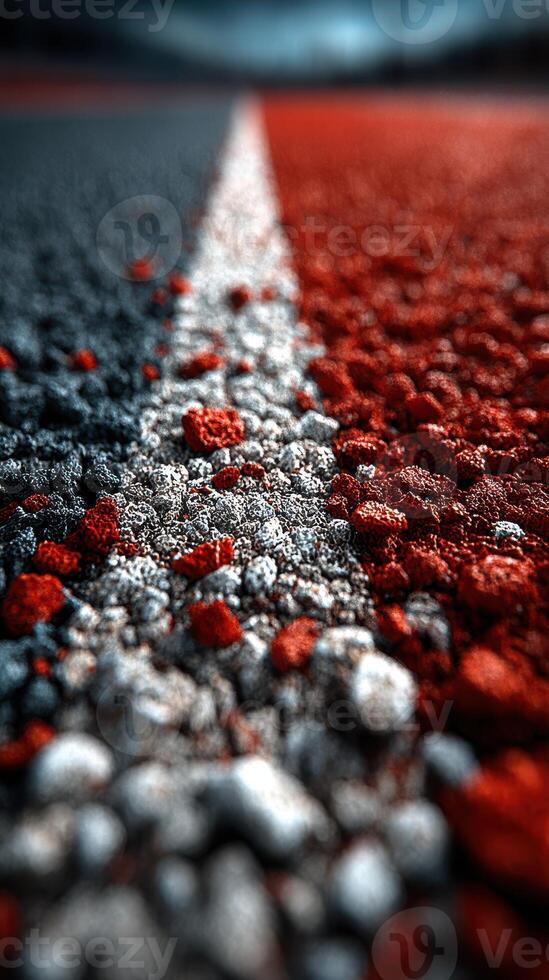 Textured close-up of a red, white, and blue surface showcasing vibrant colors and intricate details on a race track photo
