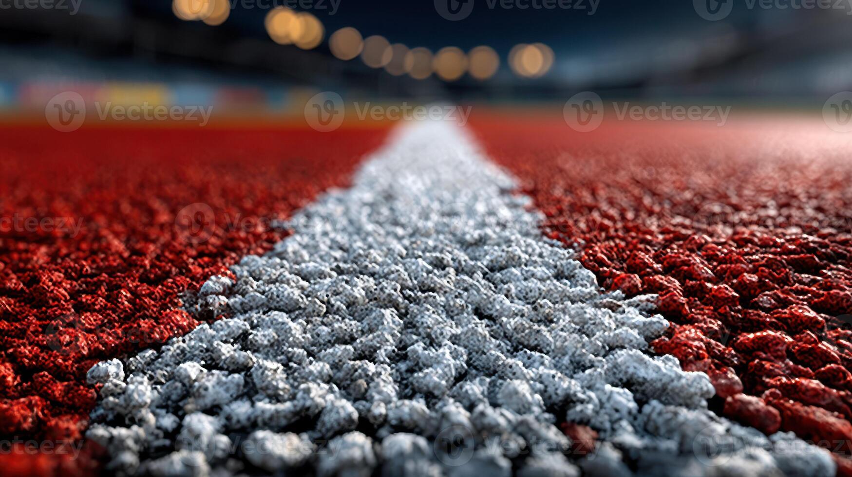 Close-up of a textured running track surface with a white lane marker under evening lights photo