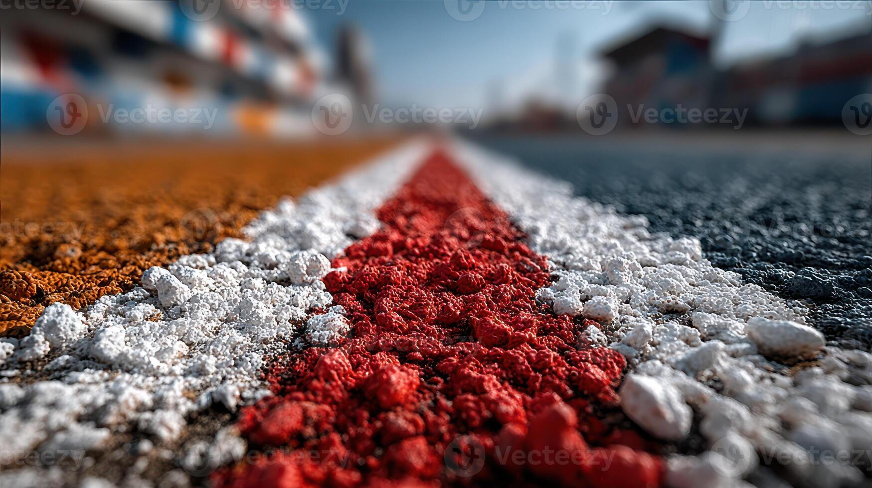 Racing track with vibrant colored lines and textures under bright sunlight photo