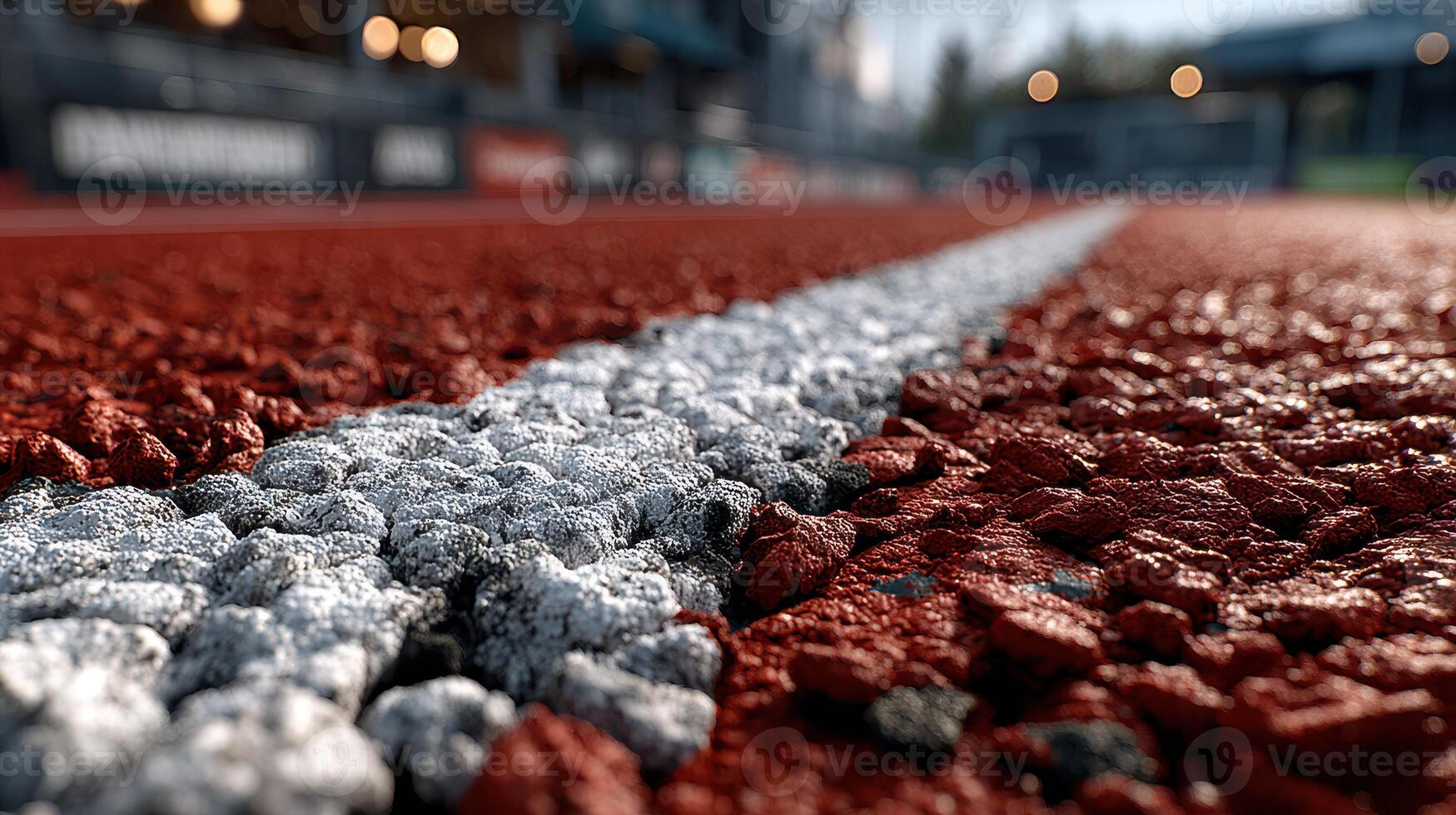Close-up view of a red running track highlighting the white lane line at a modern sports facility photo