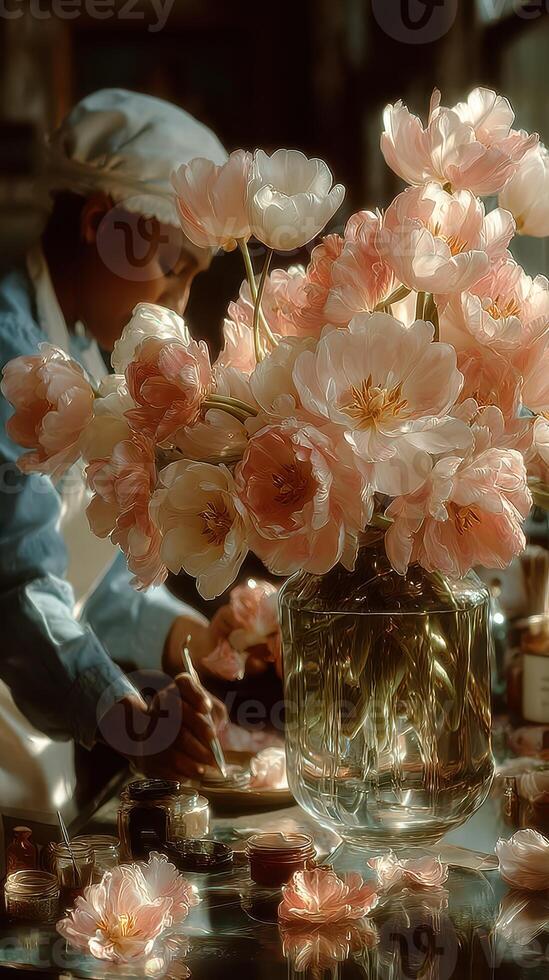 Floral arrangement session featuring delicate pink peonies in a sunlit studio photo