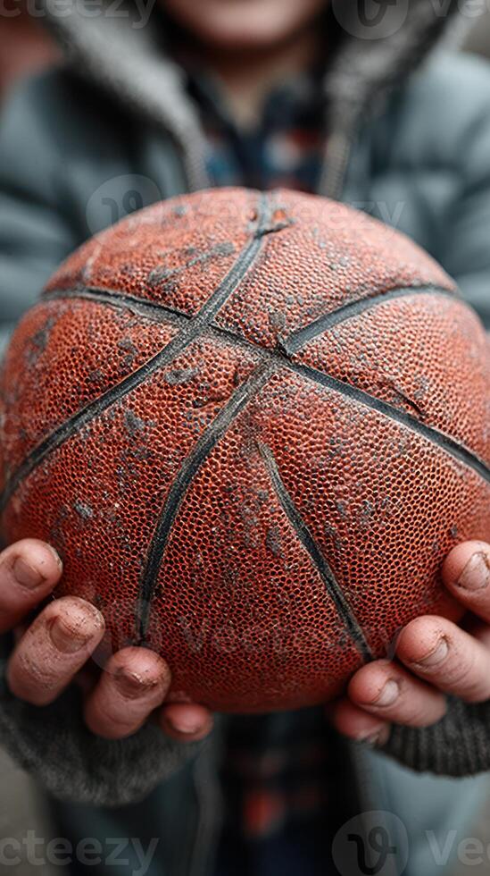 Young person holding a worn basketball with visible texture in hands during outdoor play photo