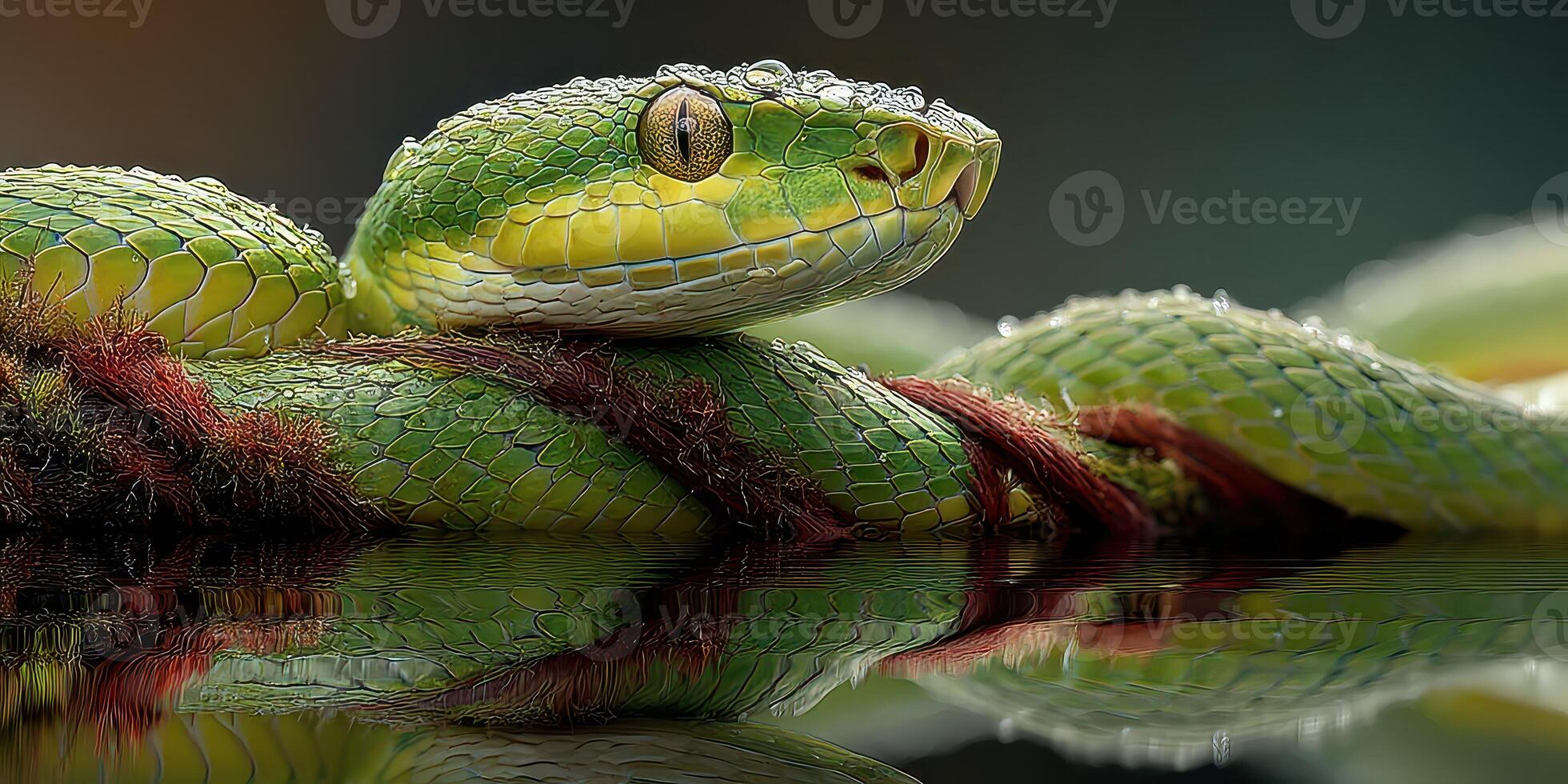 Colorful green snake resting near water with droplets on its scales during early morning hours in a natural habitat setting photo