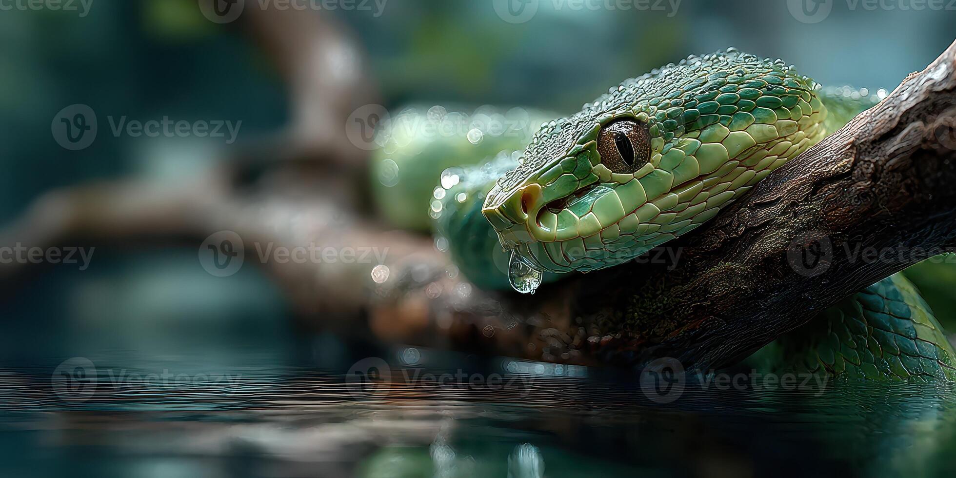 Close-up of a green snake resting on a branch near water in a lush natural habitat during daylight hours photo