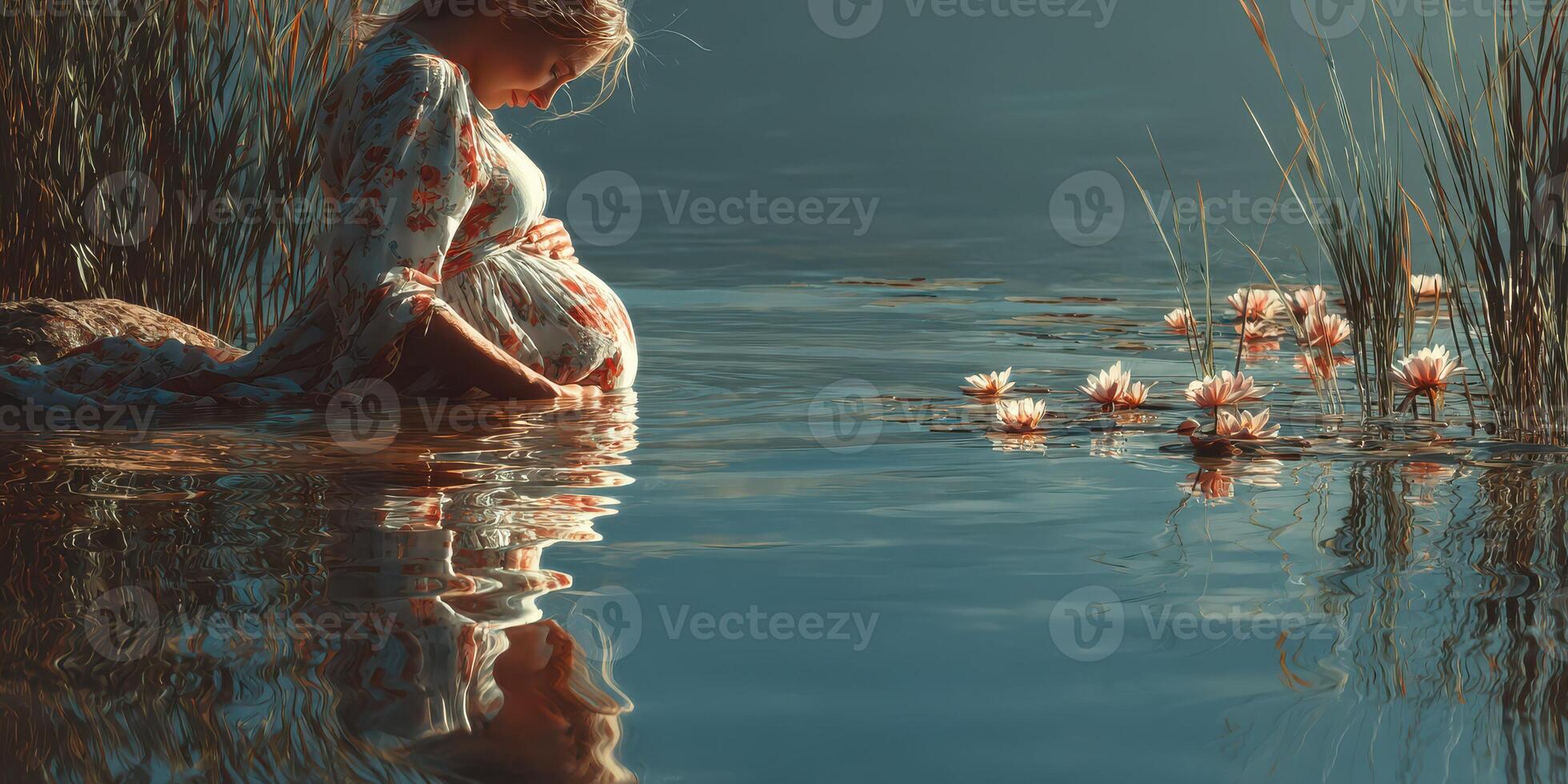 Pregnant woman resting by serene water with blooming lilies during golden hour photo