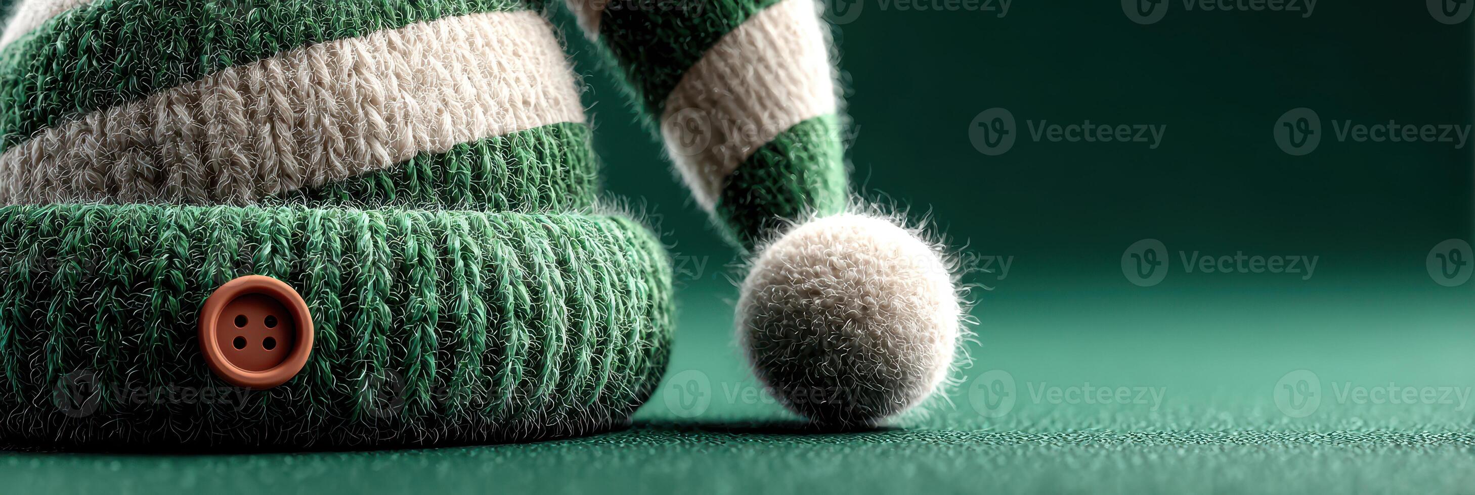 Cozy green and white striped winter hat with pom pom displayed on a green surface in a warm indoor setting photo