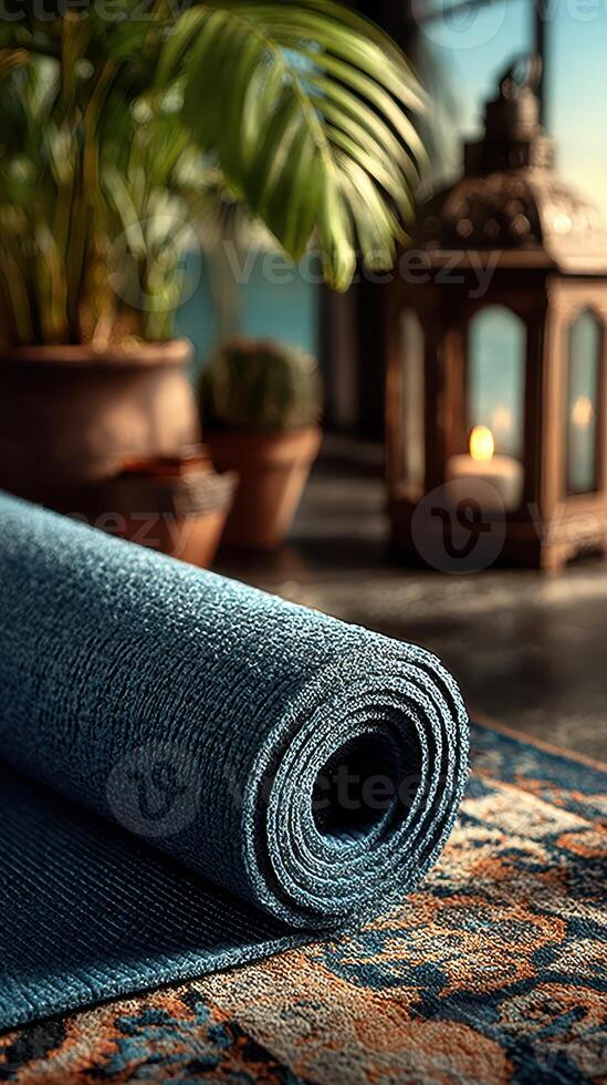 Elegant rolled blue rug with decorative patterns in a cozy indoor setting during daylight hours photo