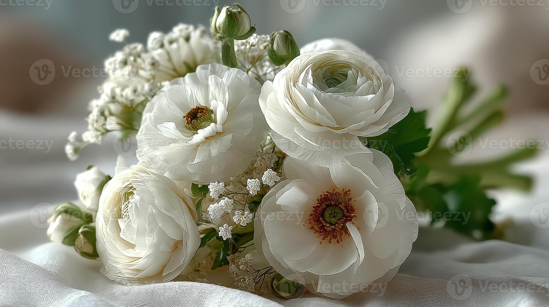 Delicate white ranunculus bouquet arranged with greenery and filler flowers on soft fabric background in natural light photo