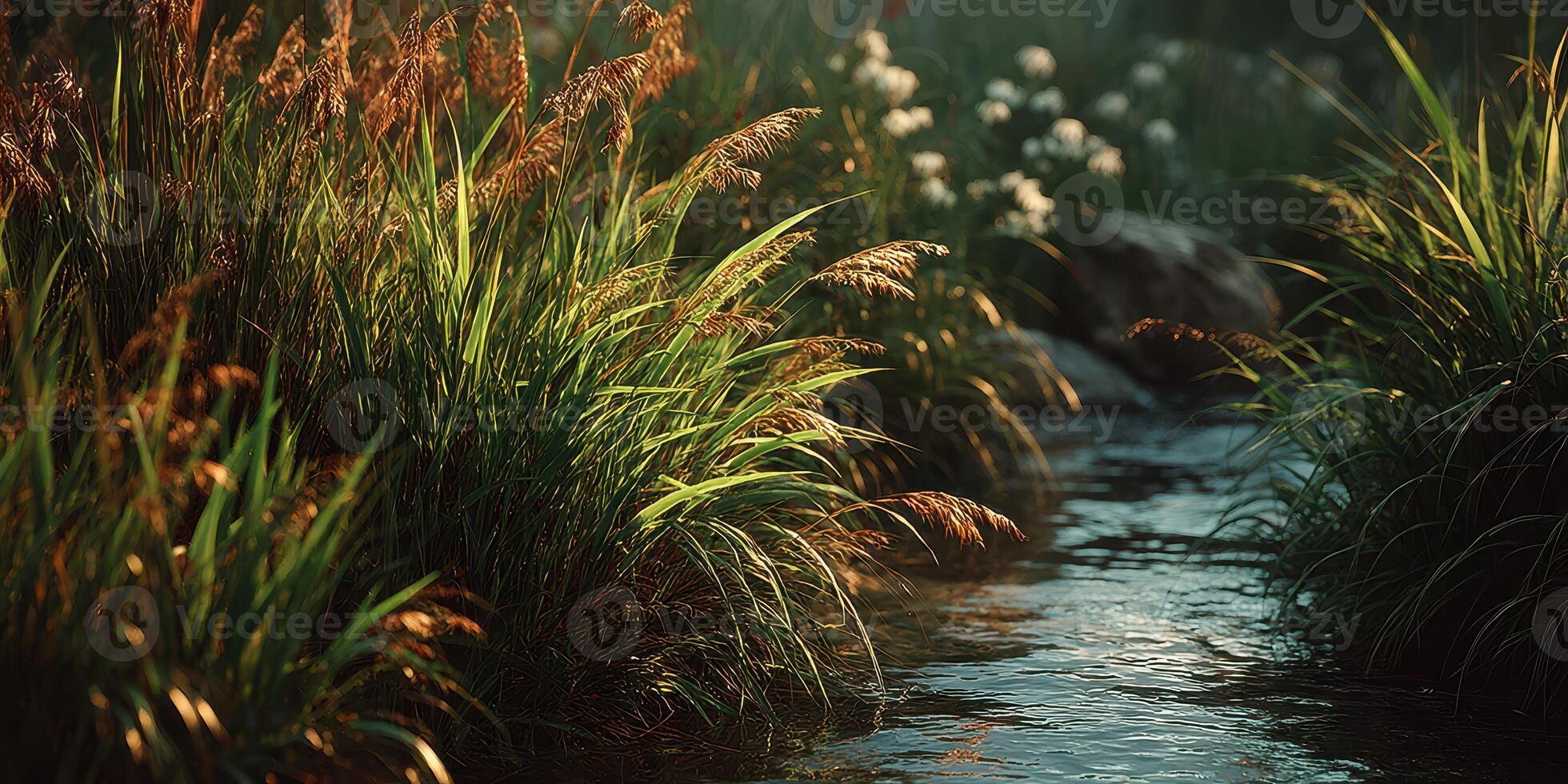 Serene stream with lush foliage and flowers at dusk illuminating a tranquil natural setting photo