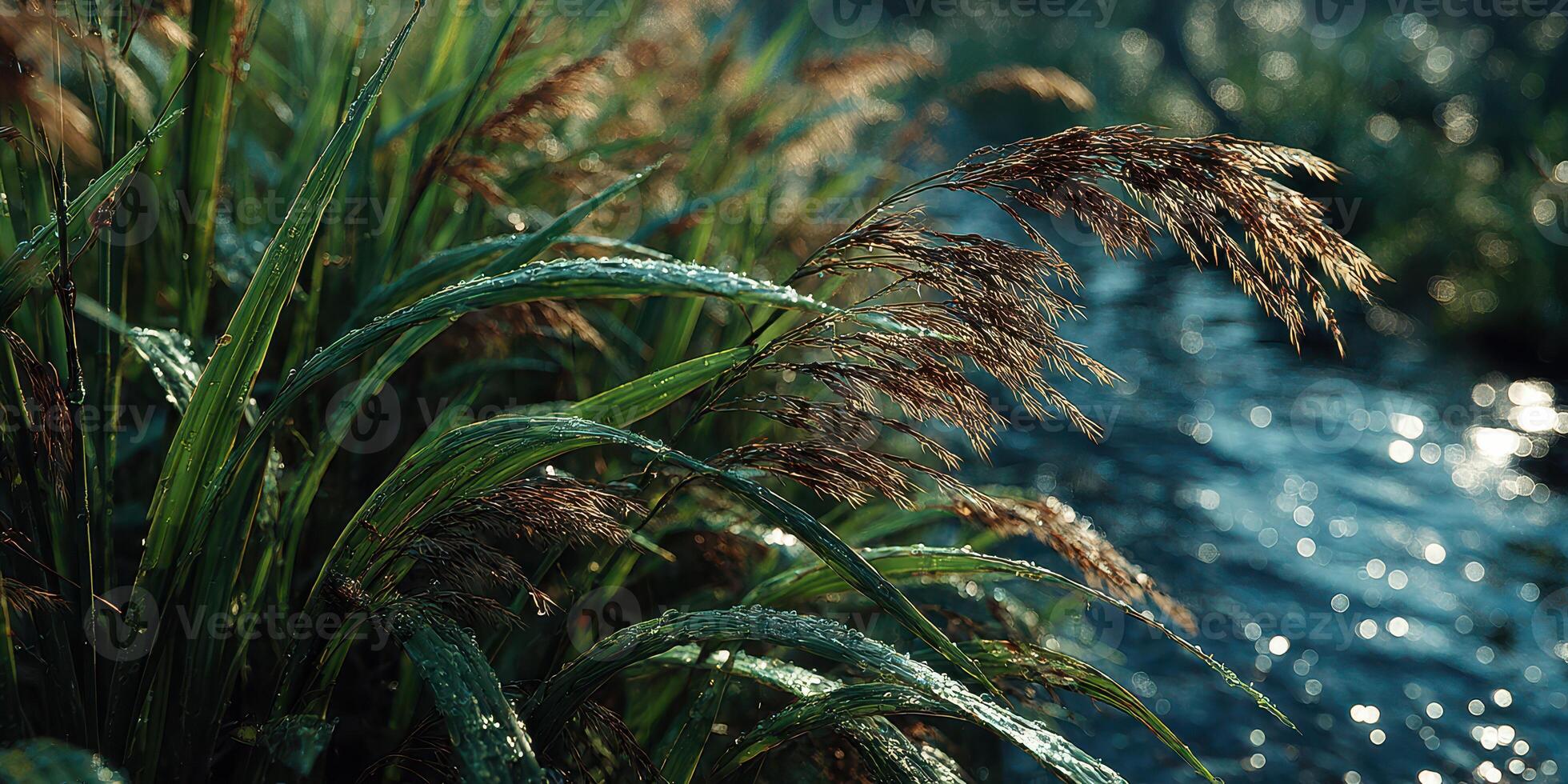 Morning dew glistens on grass near a tranquil stream surrounded by lush greenery in a serene landscape at dawn photo