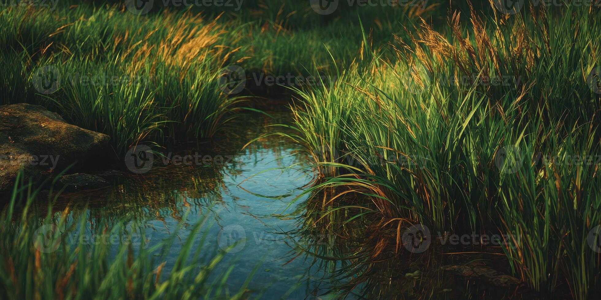 Natural stream flowing through lush green grass during golden hour in a serene landscape photo