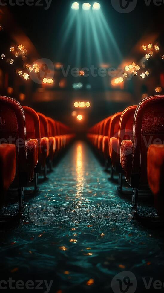 Rows of empty red theater seats illuminated by soft lights during an evening performance in an old cinema photo