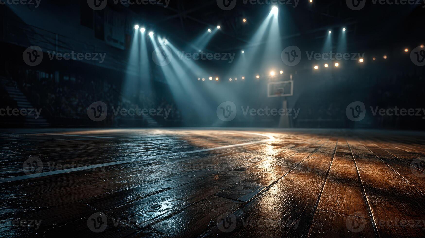 Empty basketball court illuminated by dramatic lights in a sports arena during the evening hours photo