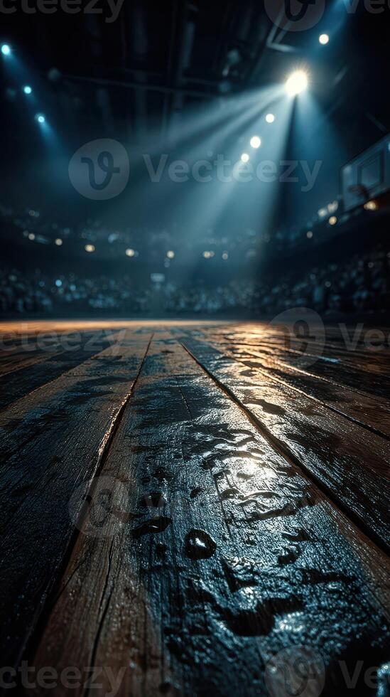 Wooden basketball court captures the intensity of a thrilling game under bright arena lights photo