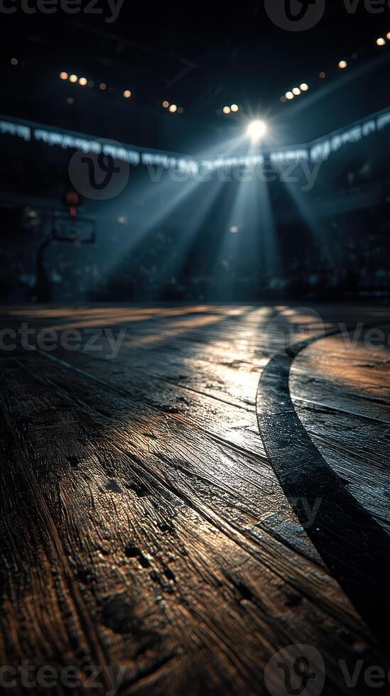 Basketball court illuminated by stadium lights during an intense game atmosphere in a packed arena photo