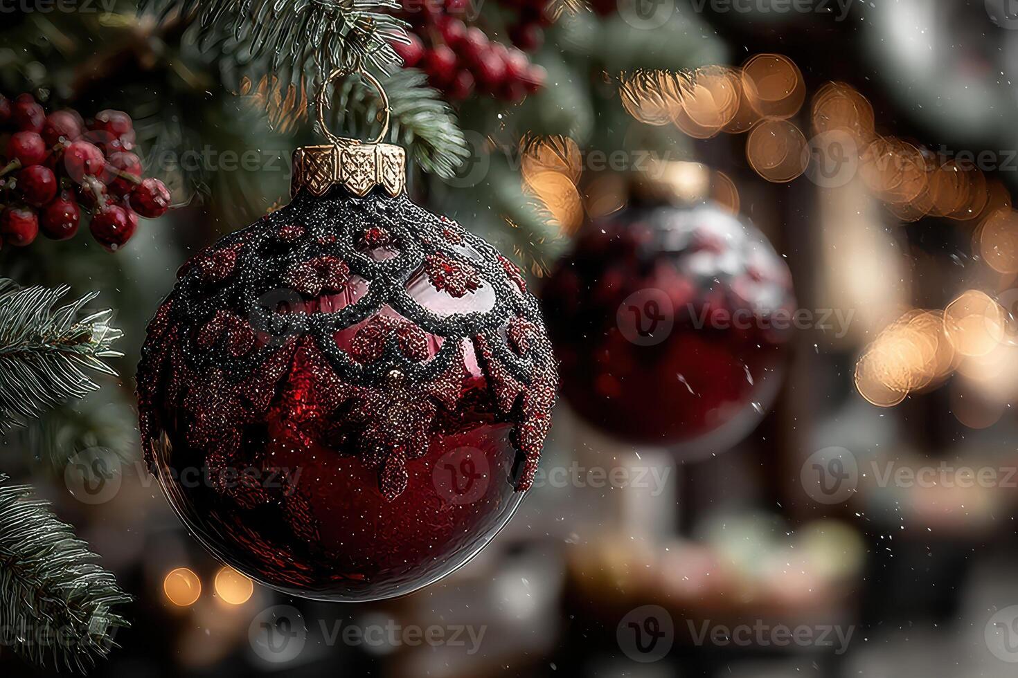 Festive red ornament hanging from a snow-dusted evergreen branch in a holiday market adorned with warm lights photo