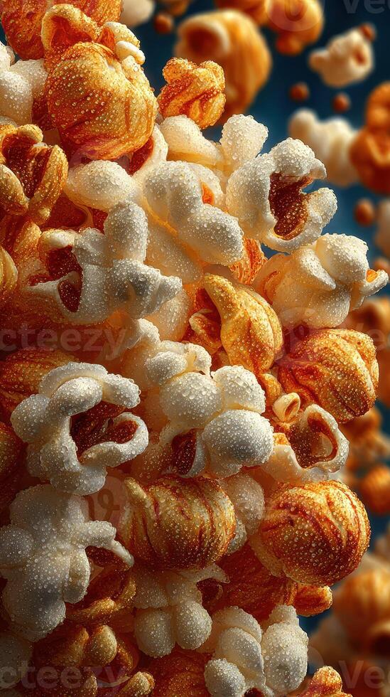 Popcorn kernels burst into fluffy pieces, creating a tasty snack experience full of texture and color during movie nights or parties photo
