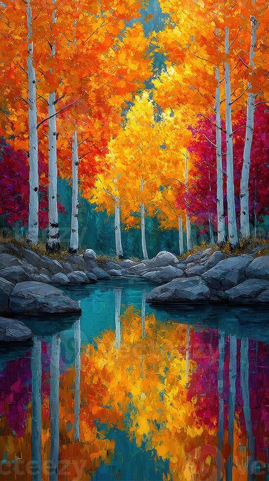 Vibrant autumn landscape with colorful trees and reflections in a serene stream photo
