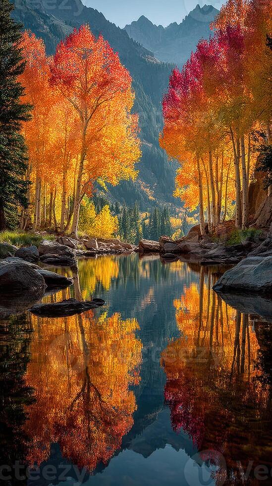 Vibrant autumn foliage reflects on a serene lake surrounded by majestic mountains photo