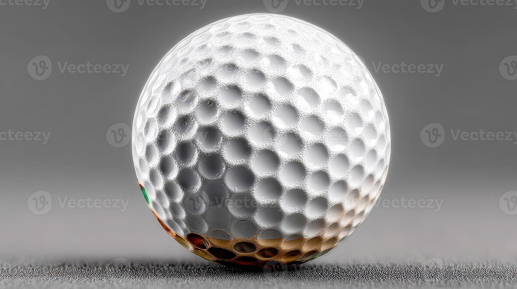 Close-up view of a golf ball showcasing intricate dimples and texture against a gray background photo