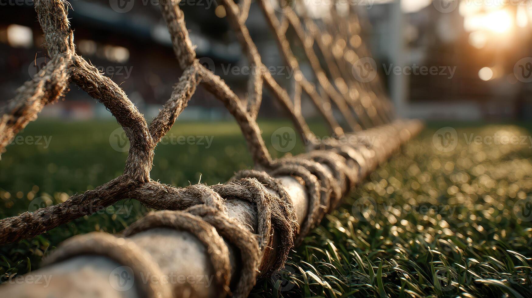 Close-up of a soccer goal net at sunset on a grassy field in a sports stadium photo