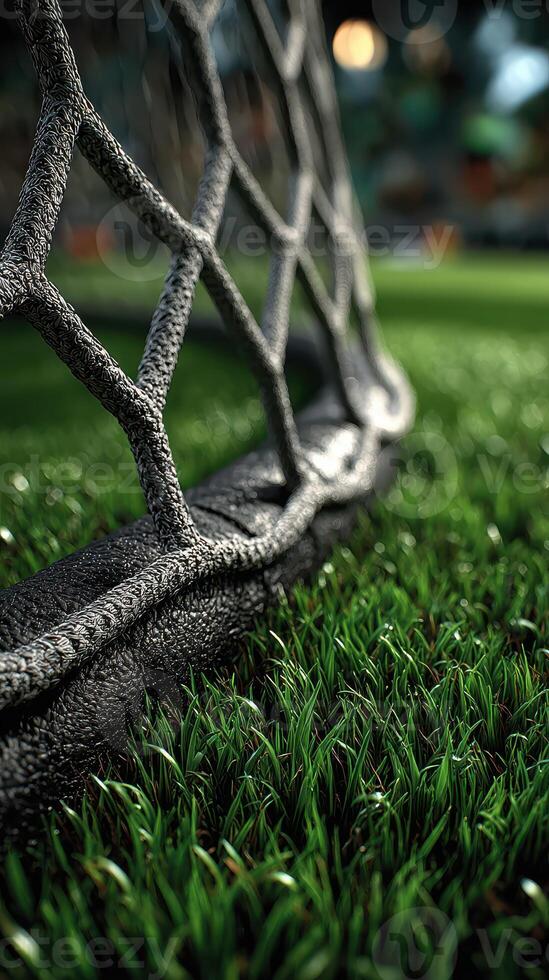 Goal net captured on a soccer field during a bright afternoon with perfectly manicured grass photo