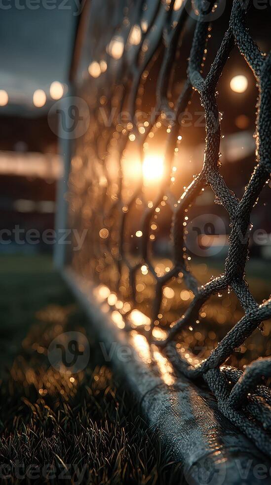 Sunset glimmers through a soccer goal net at a stadium with wet grass and a vibrant atmosphere photo