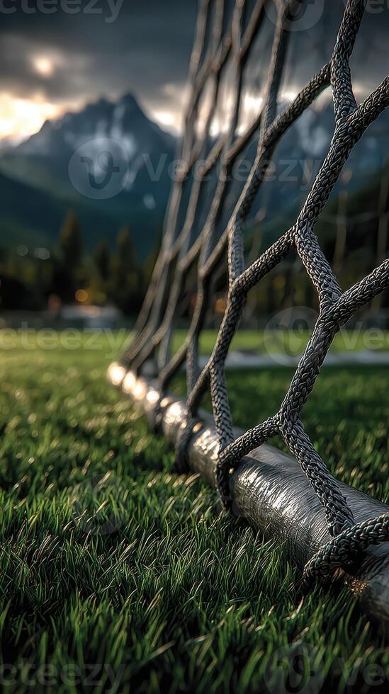 Sunset over a mountain soccer field with goalpost and net shimmering in the light photo