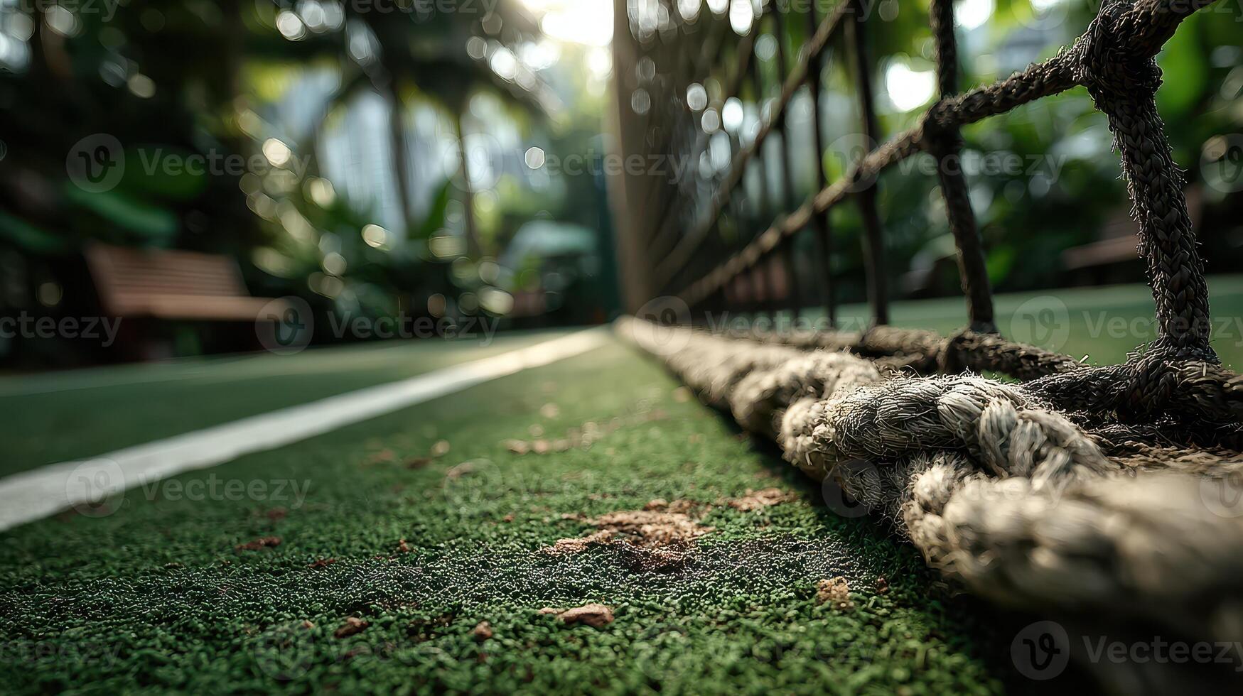 Indoor tennis court showcases vibrant green carpet under soft natural light surrounded by tropical plants in a serene environment photo