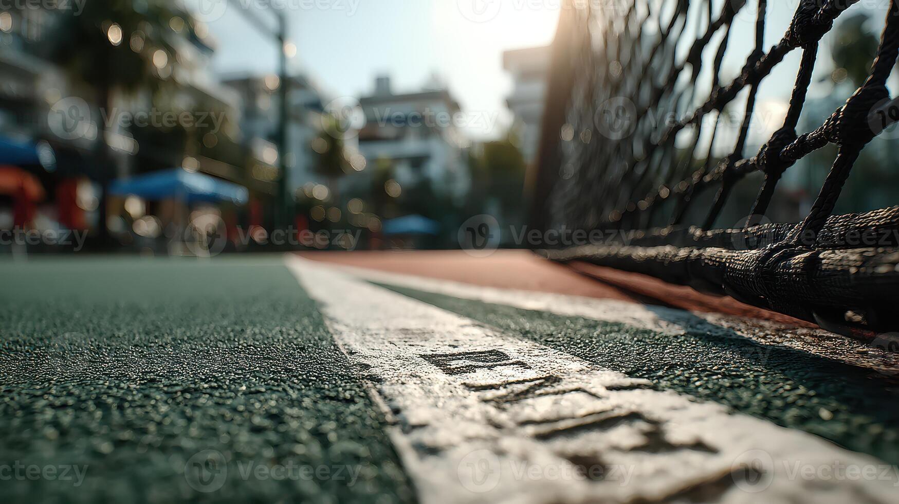 Tennis court view showing net and surface at sunset with outdoor facilities in the background photo