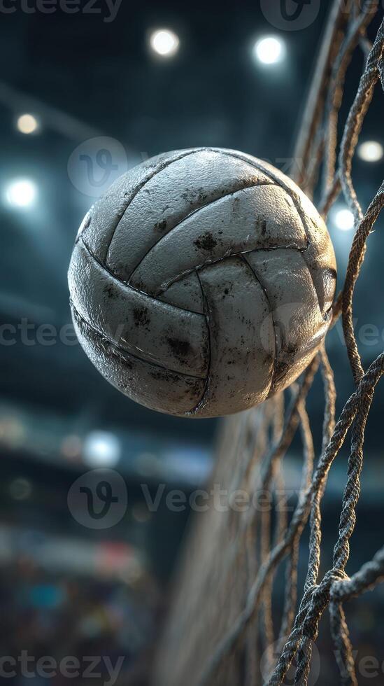 High-speed volleyball in mid-air during intense match in a bright indoor arena photo