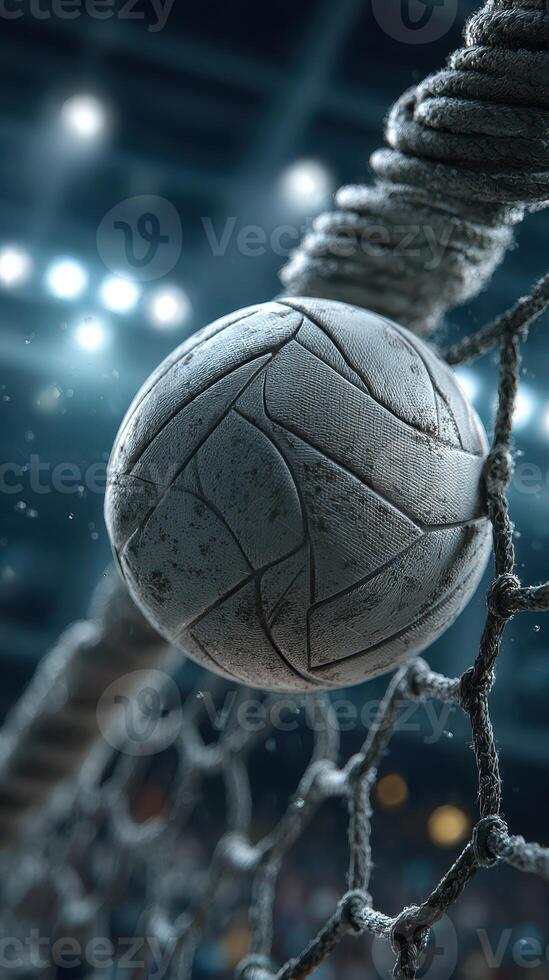 Close-up view of a worn soccer ball lodged in the goal net during an evening match in a stadium photo