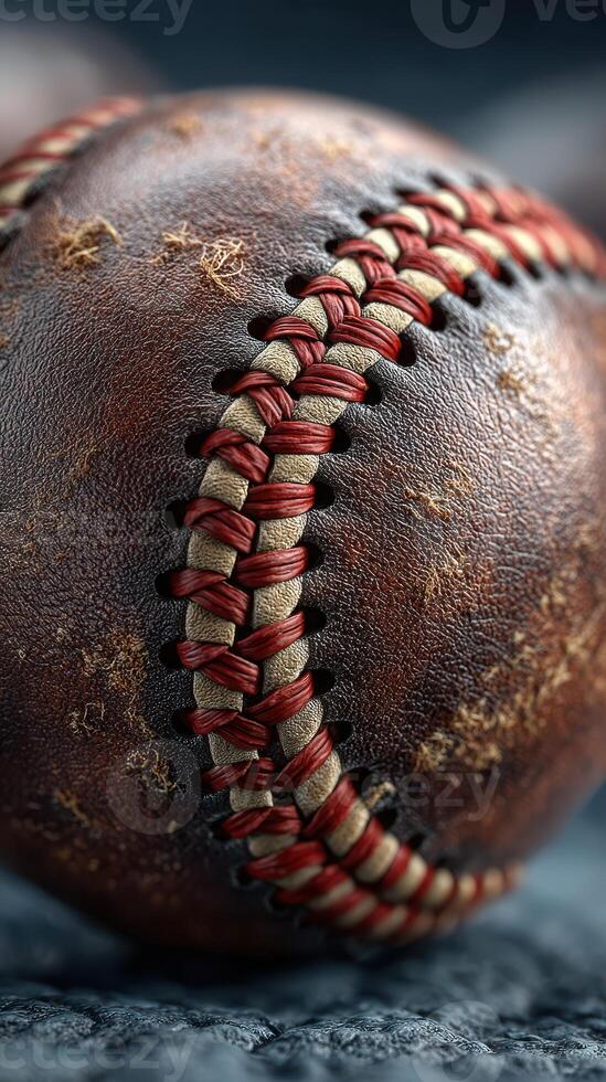 Old baseball resting on the ground, showcasing weathered leather and detailed stitching from a close perspective, evoking nostalgia and history photo