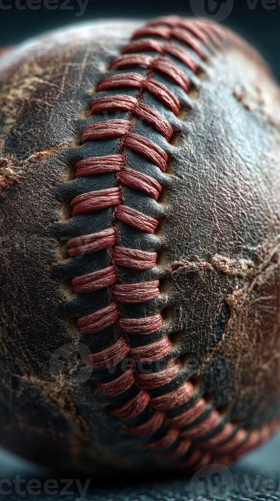 Close look at a vintage baseball showing detailed stitching and worn leather texture during a summer afternoon photo