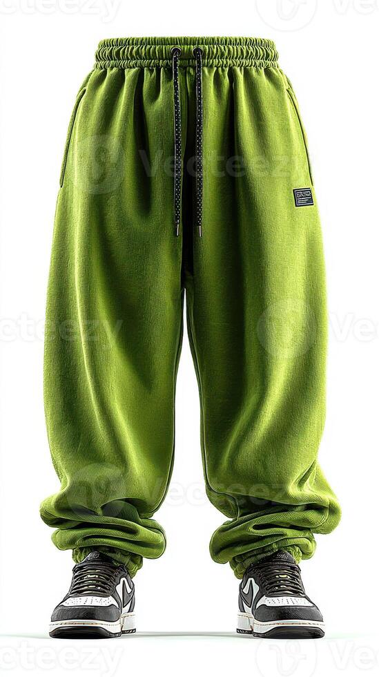 Unique green sweatpants displayed on a mannequin with stylish sneakers at a bright studio setting photo
